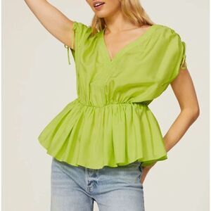 TRINA TURK Top Womens Medium M Neon Green Gathered Blouse V-Neck Peplum Hem